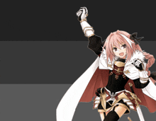 a girl with pink hair and a white cape is holding up her fist