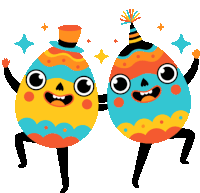 two easter eggs wearing party hats and dancing together