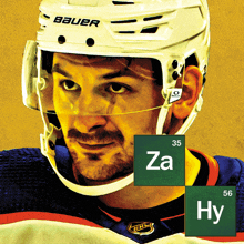 a hockey player wearing a bauer helmet has a green square with the periodic table behind him