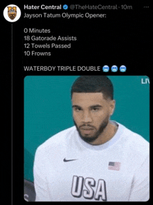 a man wearing a white shirt that says usa is sitting in the stands .