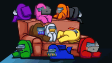 among us characters are laying on a couch with laptops