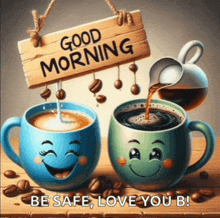 two cups of coffee with faces on them and a sign that says good morning be safe love you b