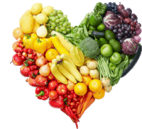 a heart made of fruits and vegetables with a white background