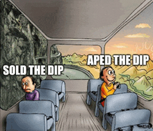 a cartoon of people on a bus that says aped the dip sold the dip