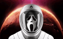 a person wearing a space helmet with a scream face on it