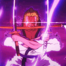 a cartoon of a man holding two swords with purple lights behind him .