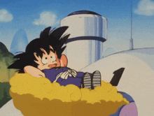 a cartoon character is laying on a cloud in front of a tower