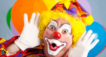 a clown with a surprised look on his face stands in front of balloons