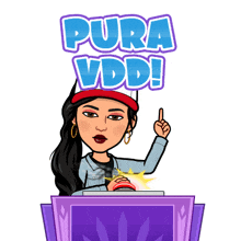 a cartoon of a woman pressing a button that says pura vddd