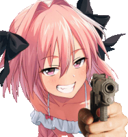 a pink haired anime girl is pointing a gun at the camera