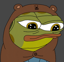 a cartoon frog wearing a brown bear hat with the letter b on it