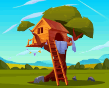 an illustration of a tree house with a ladder