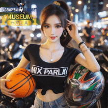 a woman wearing a black shirt that says mix parlay holds a basketball