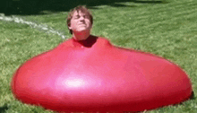 a man is wrapped in a large red balloon on the grass .