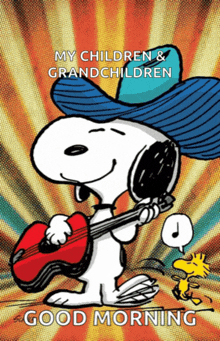 a cartoon of snoopy playing a guitar with a good morning message