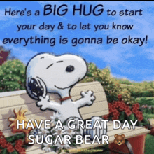 a cartoon of snoopy sitting on a bench with the words have a great day sugar bear on the bottom