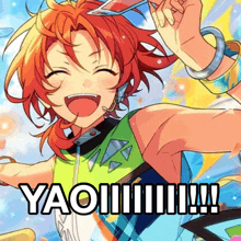 a picture of a boy with red hair and the words yaoi !!! below him