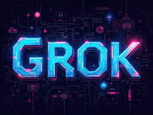 the word grok is glowing in blue and pink on a dark background