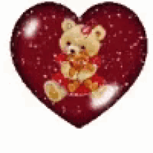 a teddy bear is sitting inside of a heart .