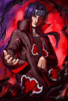 a painting of itachi uchiha from the anime naruto with a red background .