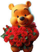 winnie the pooh holding a bouquet of red roses