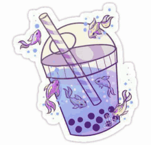 a sticker of a purple bubble tea cup with fish swimming around it .