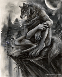 a black and white drawing of a werewolf on a rock