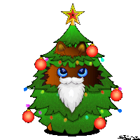 a cartoon christmas tree with a star on top and a cat with a beard