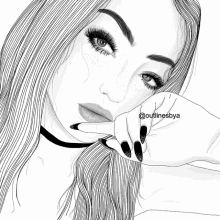 a black and white drawing of a girl with a choker and black nails