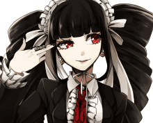 a girl with black hair and red eyes is making a peace sign with her finger