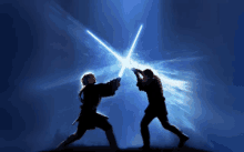 two men fighting with lightsabers in a dark room