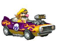 a cartoon character is driving a purple car with flames and the letter w on the side