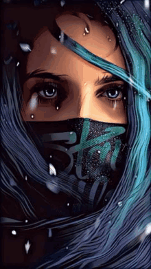 a painting of a woman with blue hair wearing a mask covering her face .