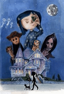 a painting of coraline looking through a telescope in front of a house .