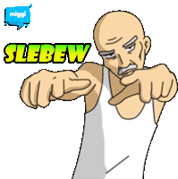 a cartoon of a bald man pointing at the camera with the word slebew above him