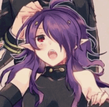 a girl with purple hair and red eyes is being held by a man .