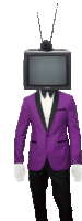 a man in a purple suit has a sony tv head