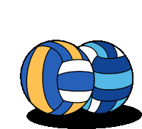 two blue and yellow volleyballs are stacked on top of each other on a white background