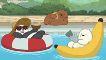 a group of bears are swimming in a pool and one bear is reading a book