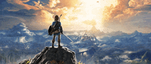 a video game character is standing on top of a mountain holding a sword and shield