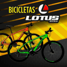 a advertisement for bicicletas lotus bike shows a red and a green bike