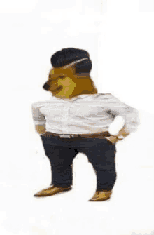 a dog wearing a shirt , pants , and a hat is standing with its hands in his pockets .