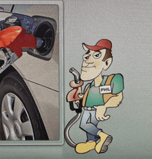 a cartoon of a man pumping gas with the name phil on his shirt