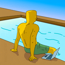 a cartoon of a man sitting on the edge of a swimming pool with a laptop on his lap