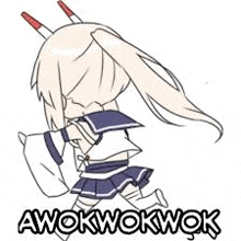 a cartoon of a girl with horns holding a pillow and saying awokwokwok .