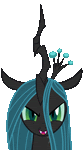 queen chrysalis from my little pony friendship is magic is a cartoon character with blue hair and horns .