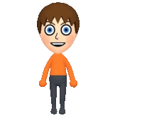 a cartoon character with brown hair and blue eyes is wearing an orange shirt and black pants