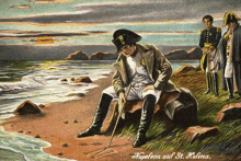 a painting of napoleon sitting on a rock on the beach