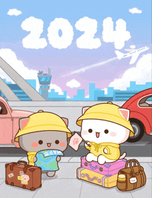 a cartoon drawing of two cats with the year 2024 written in the sky