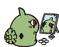 a cartoon of a green frog looking at itself in a mirror